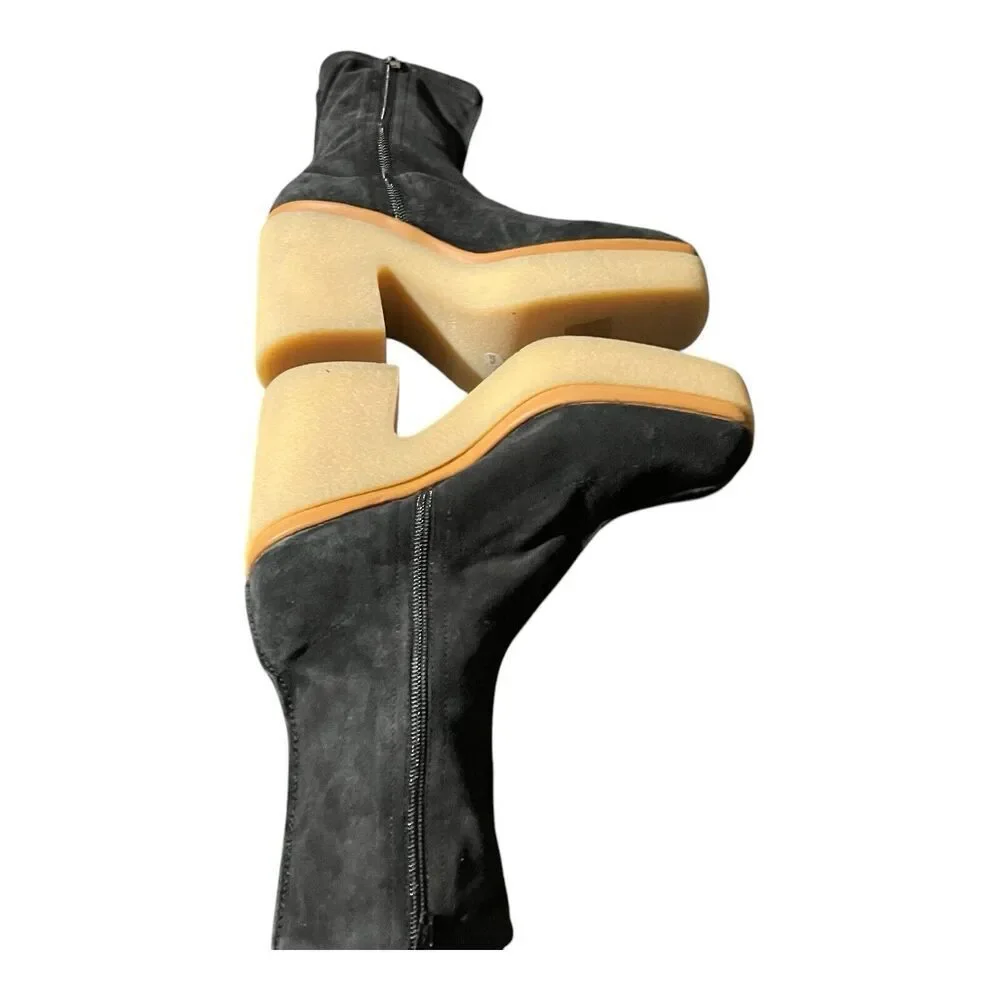 Free People Gigi Ankle Bootie 7 / 37.5 Black Suede Leather Square Toe‎ Platform